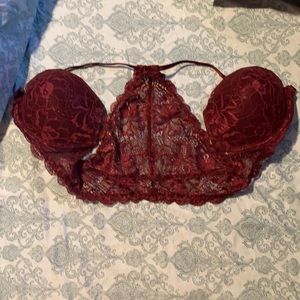 PINK maroon lace t-back bra. Front hook